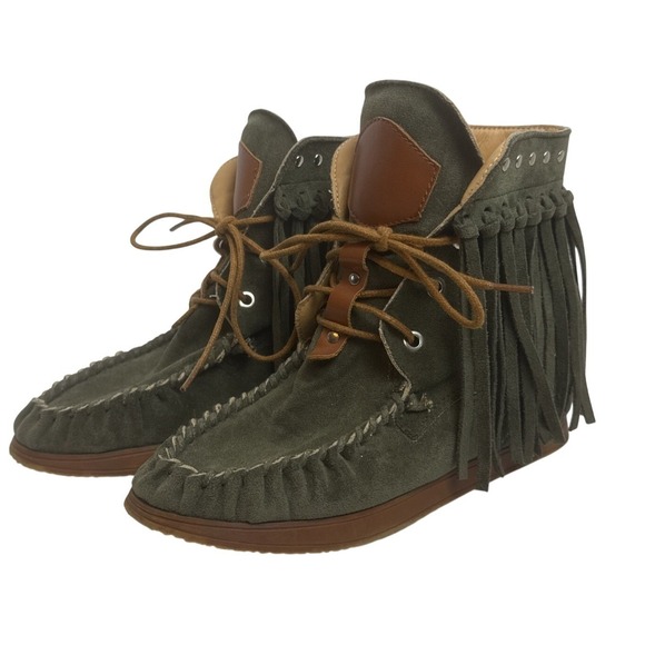 Jolimall Womens 6 Olive Green Fringe Boho Hippie Western Ankle Tan Strap Boot - Picture 1 of 7